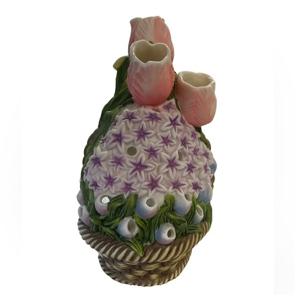 PartyLite Porcelain Tea-light Holder Floral Bouquet Basket Spring Flowers - Picture 3 of 12